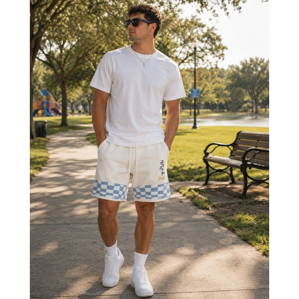 Better World Knit Shorts White Blue Checkered Floral Embroidery Large NWT